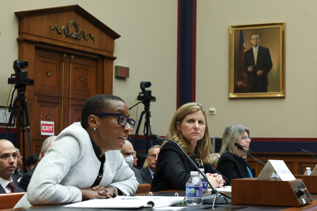 WASHINGTON, DC - DECEMBER 05: (L-R) Dr. Claudine Gay, President of Harvard University, Liz Magill, President of University of Pennsylvania, and Dr. Sally Kornbluth, President of Massachusetts Institute of Technology, testify before the House Education and Workforce Committee at the Rayburn House Office Building on December 05, 2023 in Washington, DC. The Committee held a hearing to investigate antisemitism on college campuses. (Photo by Kevin Dietsch/Getty Images)